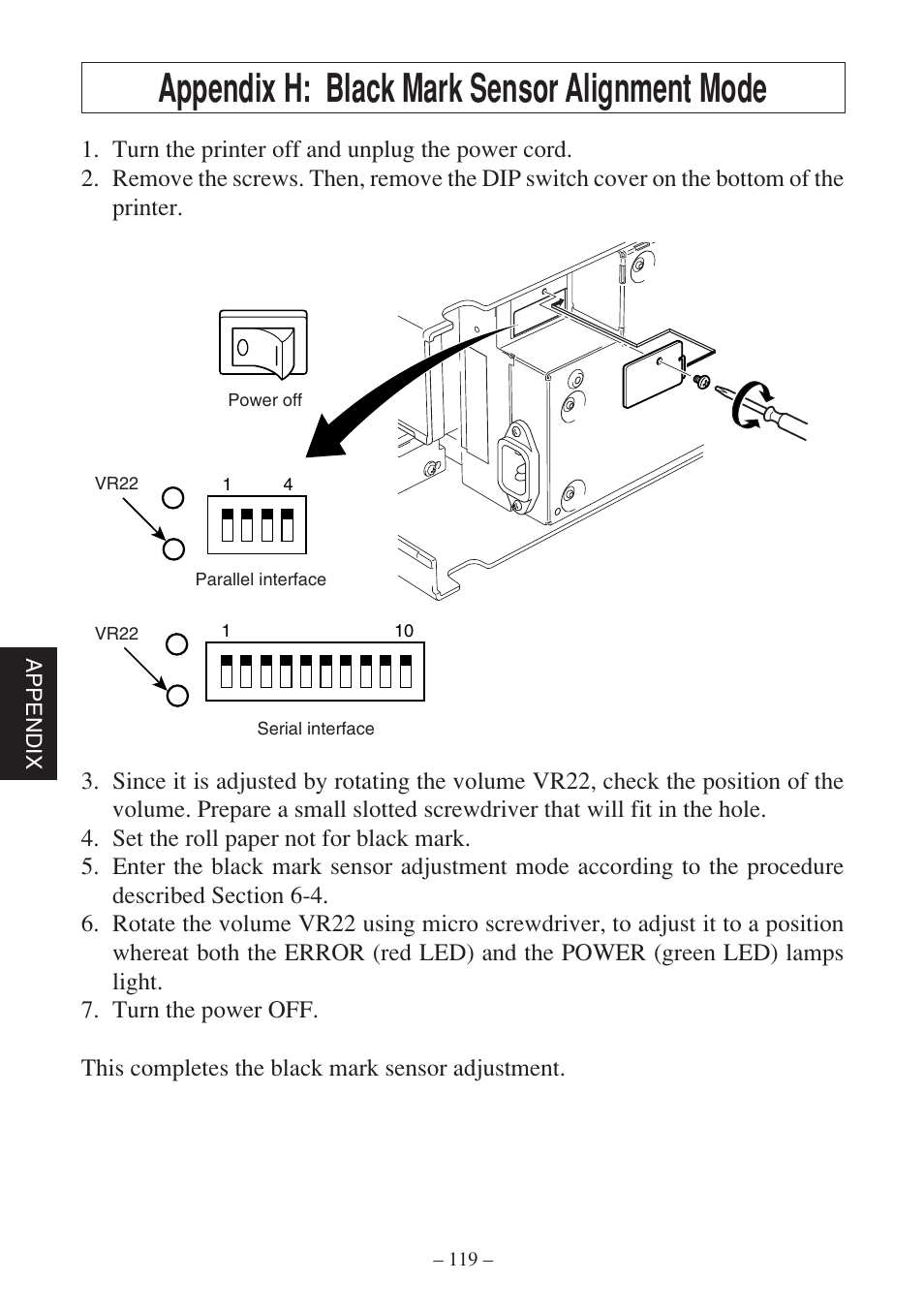 Appendix h: black mark sensor alignment mode | Star Micronics SP500 Series User Manual | Page 122 / 124