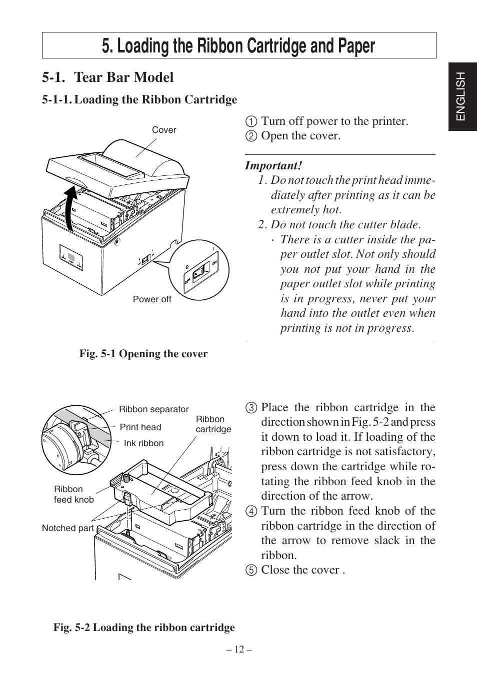 Loading the ribbon cartridge and paper, 1. tear bar model, English | Star Micronics SP500 Series User Manual | Page 15 / 124