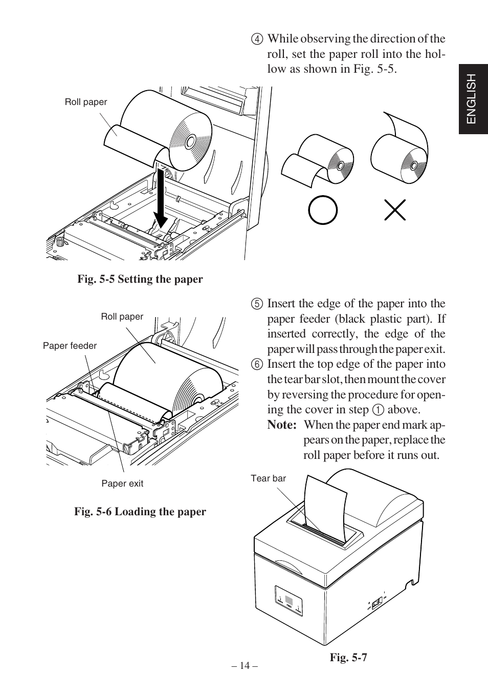 English, Roll paper, Roll paper tear bar paper feeder paper exit | Star Micronics SP500 Series User Manual | Page 17 / 124