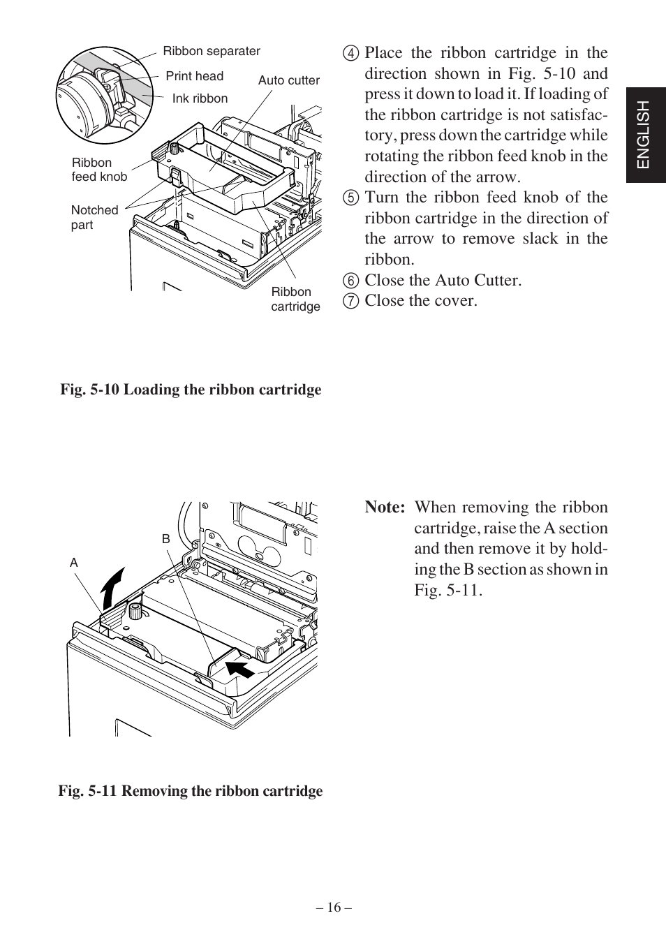 English, Fig. 5-10 loading the ribbon cartridge, Fig. 5-11 removing the ribbon cartridge | Star Micronics SP500 Series User Manual | Page 19 / 124