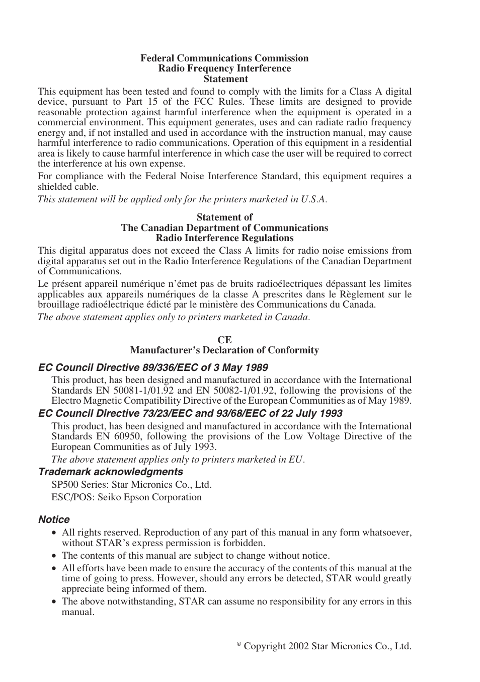 Star Micronics SP500 Series User Manual | Page 2 / 124