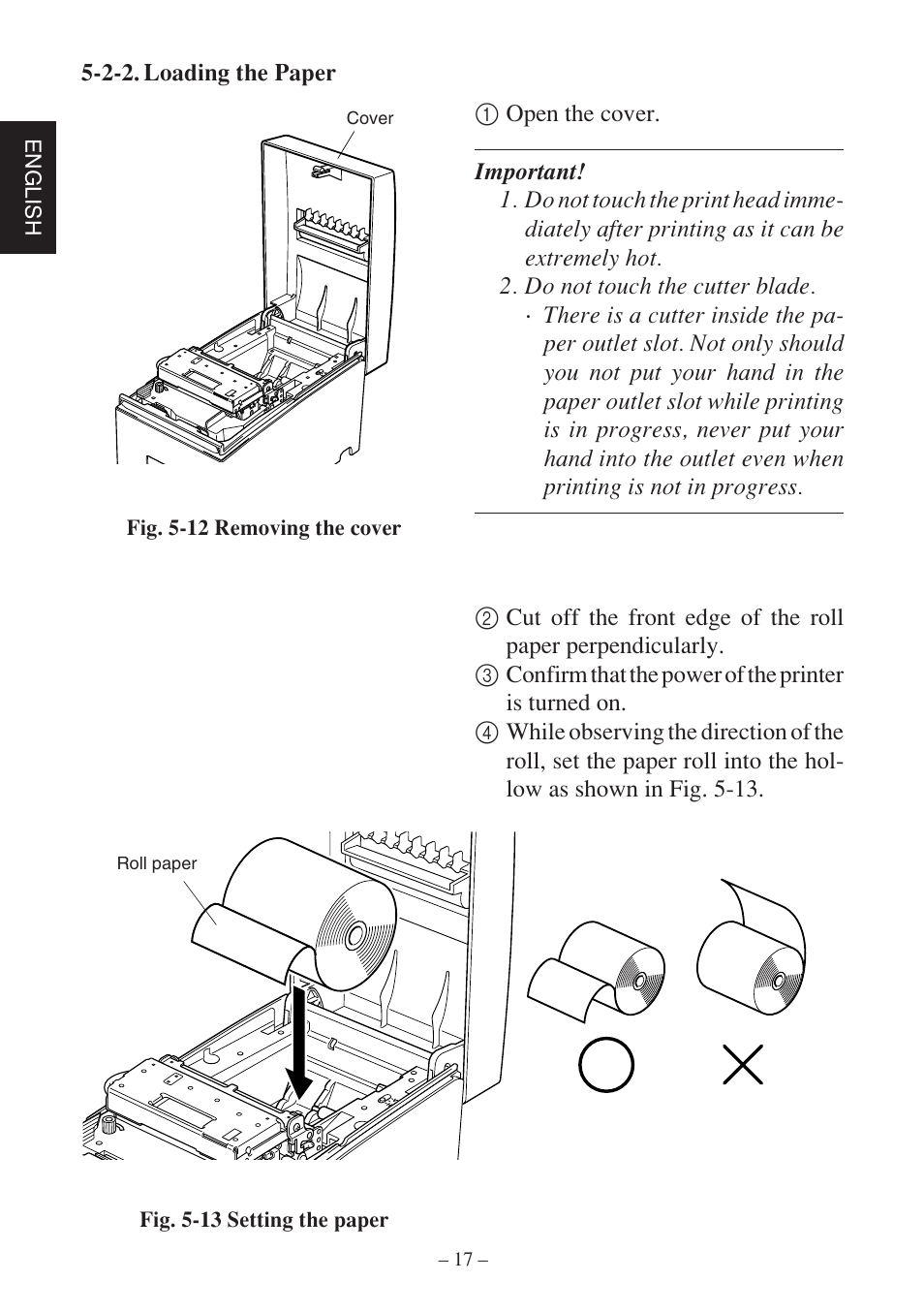 English, Fig. 5-12 removing the cover, Fig. 5-13 setting the paper | Star Micronics SP500 Series User Manual | Page 20 / 124