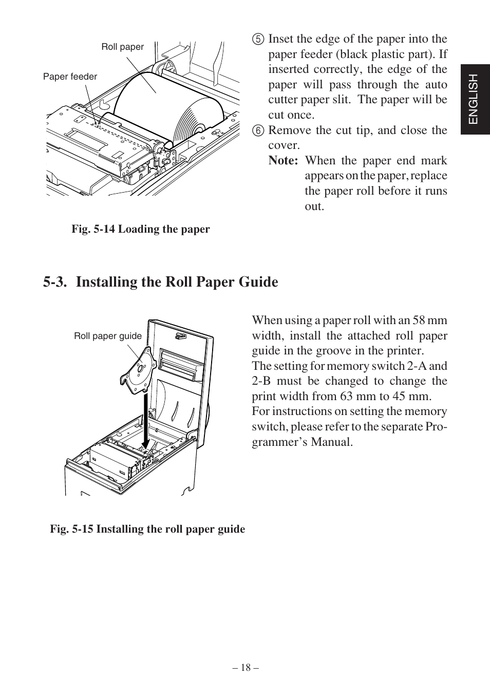 3. installing the roll paper guide, English, Fig. 5-14 loading the paper | Fig. 5-15 installing the roll paper guide, Roll paper paper feeder, Roll paper guide | Star Micronics SP500 Series User Manual | Page 21 / 124