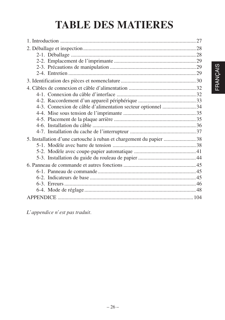 French, Table des matieres | Star Micronics SP500 Series User Manual | Page 29 / 124