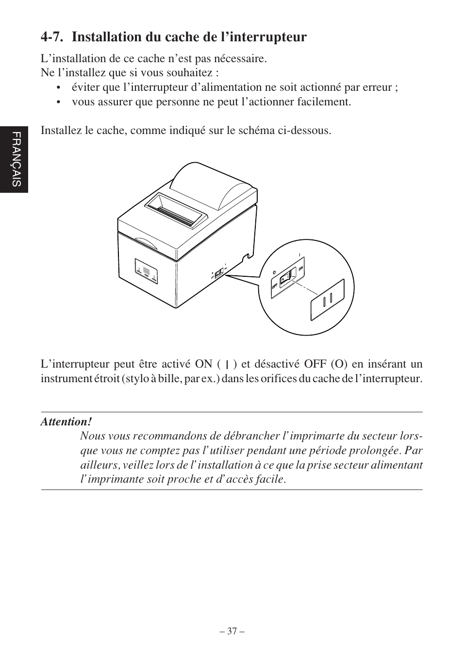 7. installation du cache de l’interrupteur, Fran ç ais | Star Micronics SP500 Series User Manual | Page 40 / 124