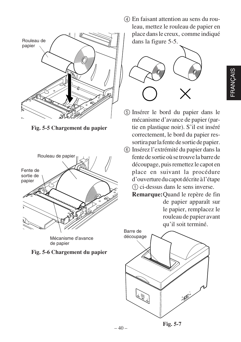 Fran ç ais, Rouleau de papier | Star Micronics SP500 Series User Manual | Page 43 / 124