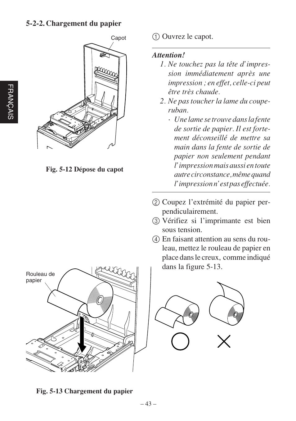 Fran ç ais, Fig. 5-12 dépose du capot, Fig. 5-13 chargement du papier | Star Micronics SP500 Series User Manual | Page 46 / 124