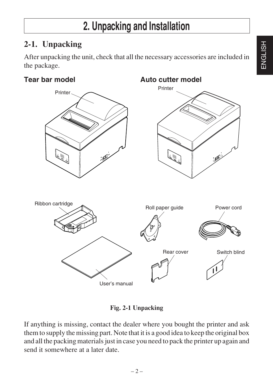 Unpacking and installation, 1. unpacking, English | Fig. 2-1 unpacking, Printer, Ribbon cartridge user’s manual | Star Micronics SP500 Series User Manual | Page 5 / 124