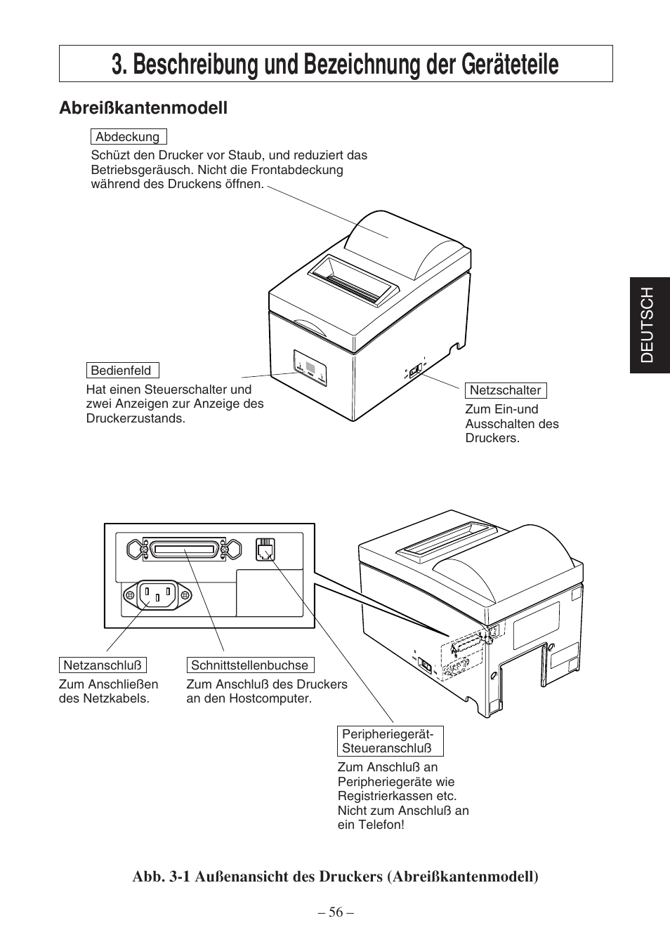 Beschreibung und bezeichnung der geräteteile, Abreißkantenmodell, Deutsch | Star Micronics SP500 Series User Manual | Page 59 / 124