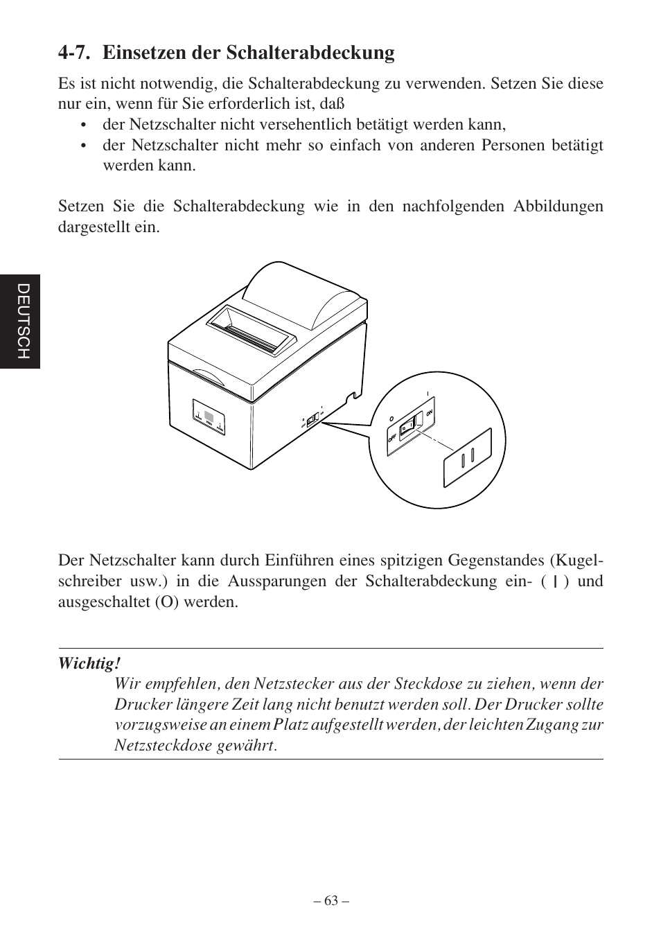 7. einsetzen der schalterabdeckung, Deutsch | Star Micronics SP500 Series User Manual | Page 66 / 124
