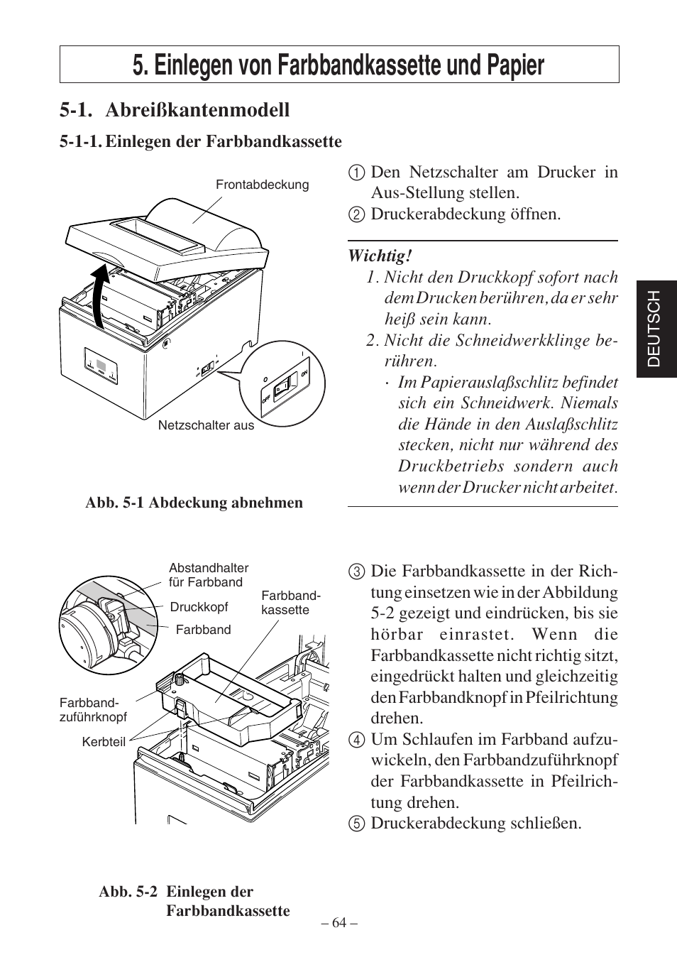 Einlegen von farbbandkassette und papier, 1. abreißkantenmodell, Deutsch | Star Micronics SP500 Series User Manual | Page 67 / 124