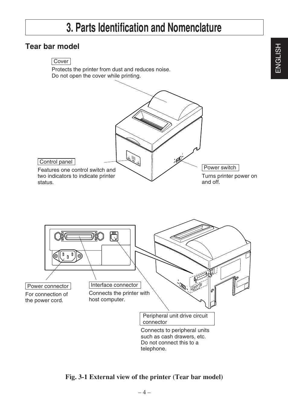 Parts identification and nomenclature, Tear bar model, English | Star Micronics SP500 Series User Manual | Page 7 / 124