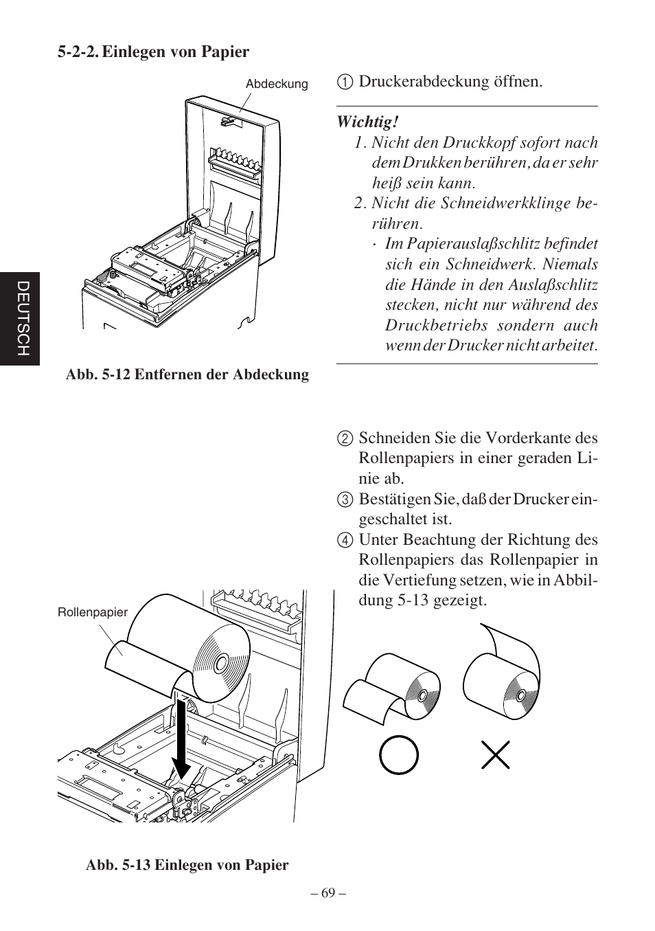 Deutsch, Abb. 5-12 entfernen der abdeckung, Abb. 5-13 einlegen von papier | Star Micronics SP500 Series User Manual | Page 72 / 124