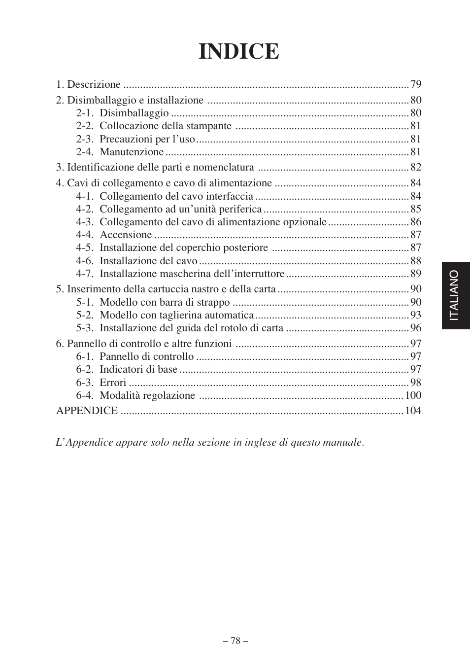 Italian, Indice | Star Micronics SP500 Series User Manual | Page 81 / 124