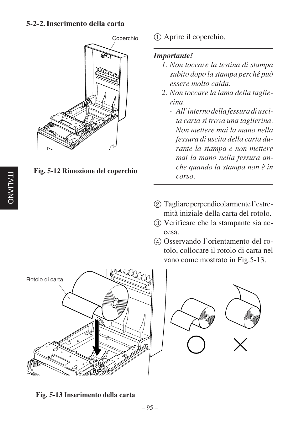 Italiano, Fig. 5-12 rimozione del coperchio, Fig. 5-13 inserimento della carta | Star Micronics SP500 Series User Manual | Page 98 / 124