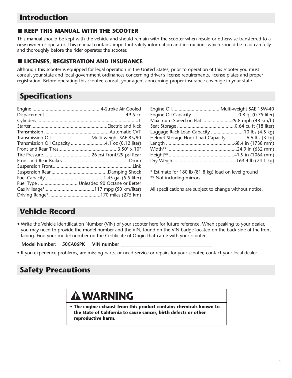 Warning, Introduction specifications vehicle record, Safety precautions | Schwinn Motor Scooters 50CA06PK User Manual | Page 3 / 20