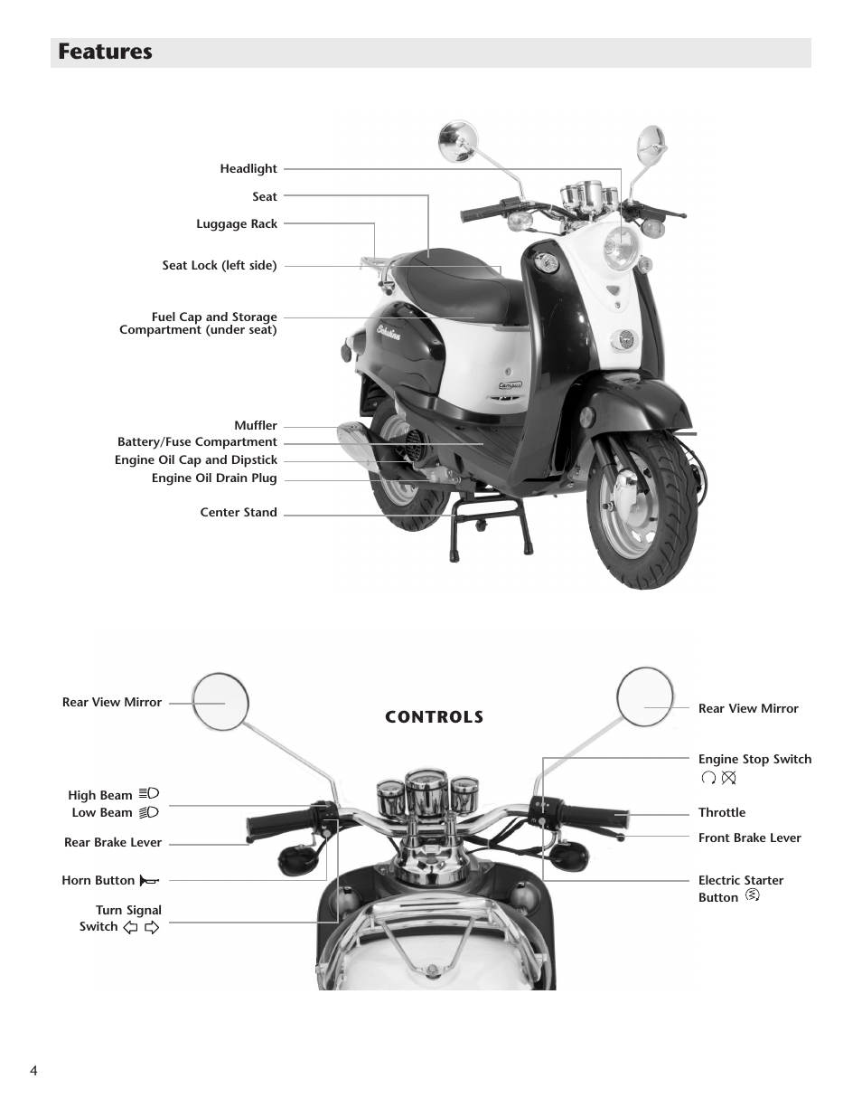 Features, Controls | Schwinn Motor Scooters 50CA06PK User Manual | Page 6 / 20