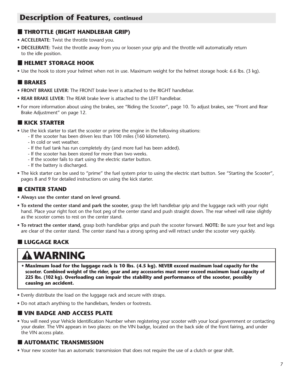 Warning, Description of features | Schwinn Motor Scooters 50CA06PK User Manual | Page 9 / 20
