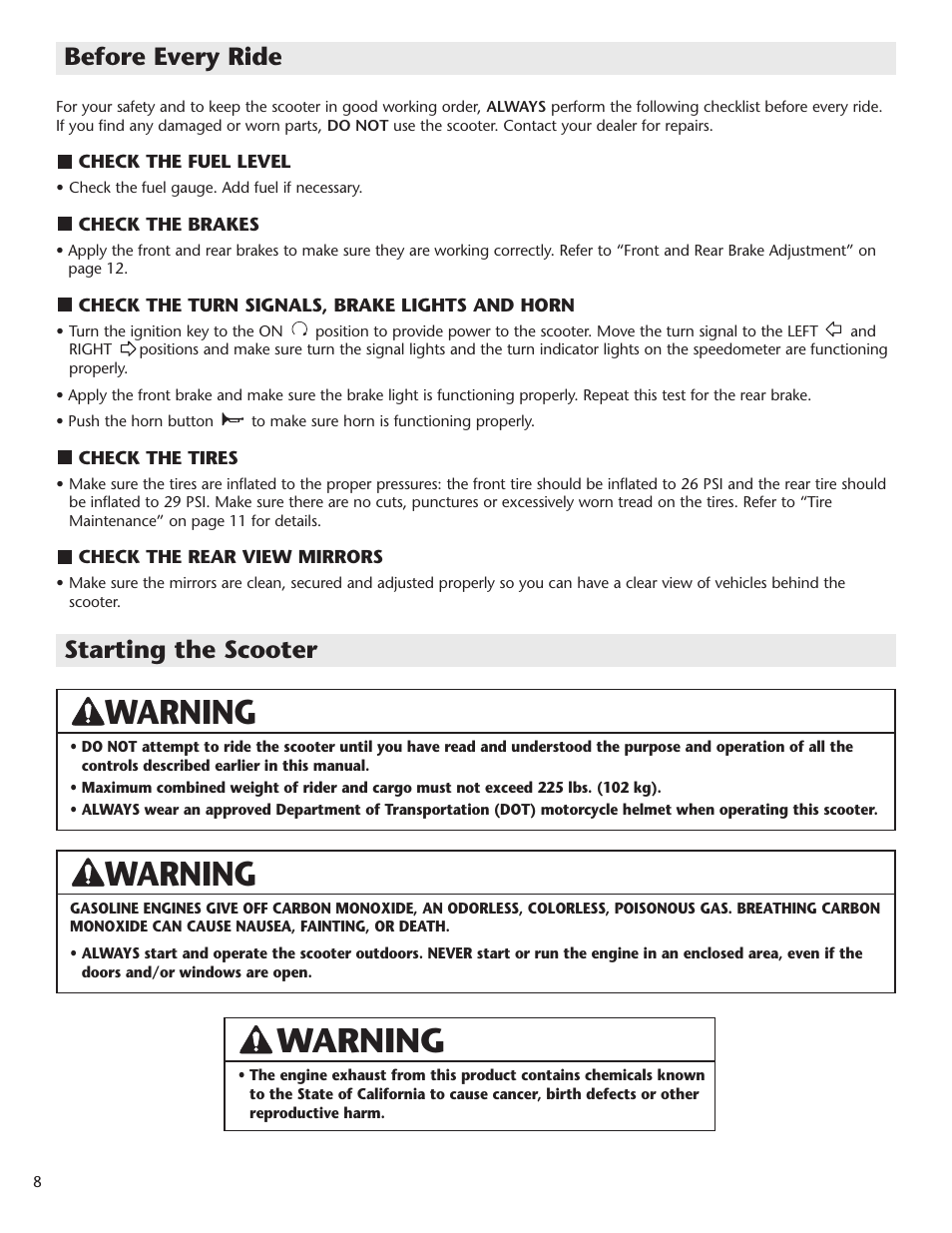 Warning, Before every ride, Starting the scooter | Schwinn Motor Scooters 50SP06BK User Manual | Page 10 / 20