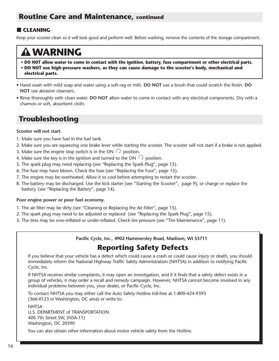 Warning, Routine care and maintenance, Troubleshooting | Reporting safety defects | Schwinn Motor Scooters 50SP06BK User Manual | Page 18 / 20