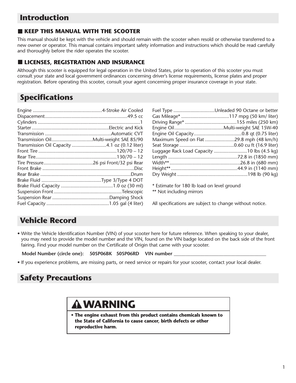 Warning, Introduction specifications vehicle record, Safety precautions | Schwinn Motor Scooters 50SP06BK User Manual | Page 3 / 20