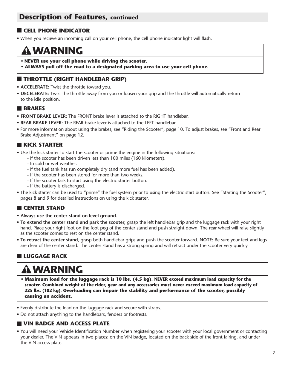 Warning, Description of features | Schwinn Motor Scooters 50SP06BK User Manual | Page 9 / 20