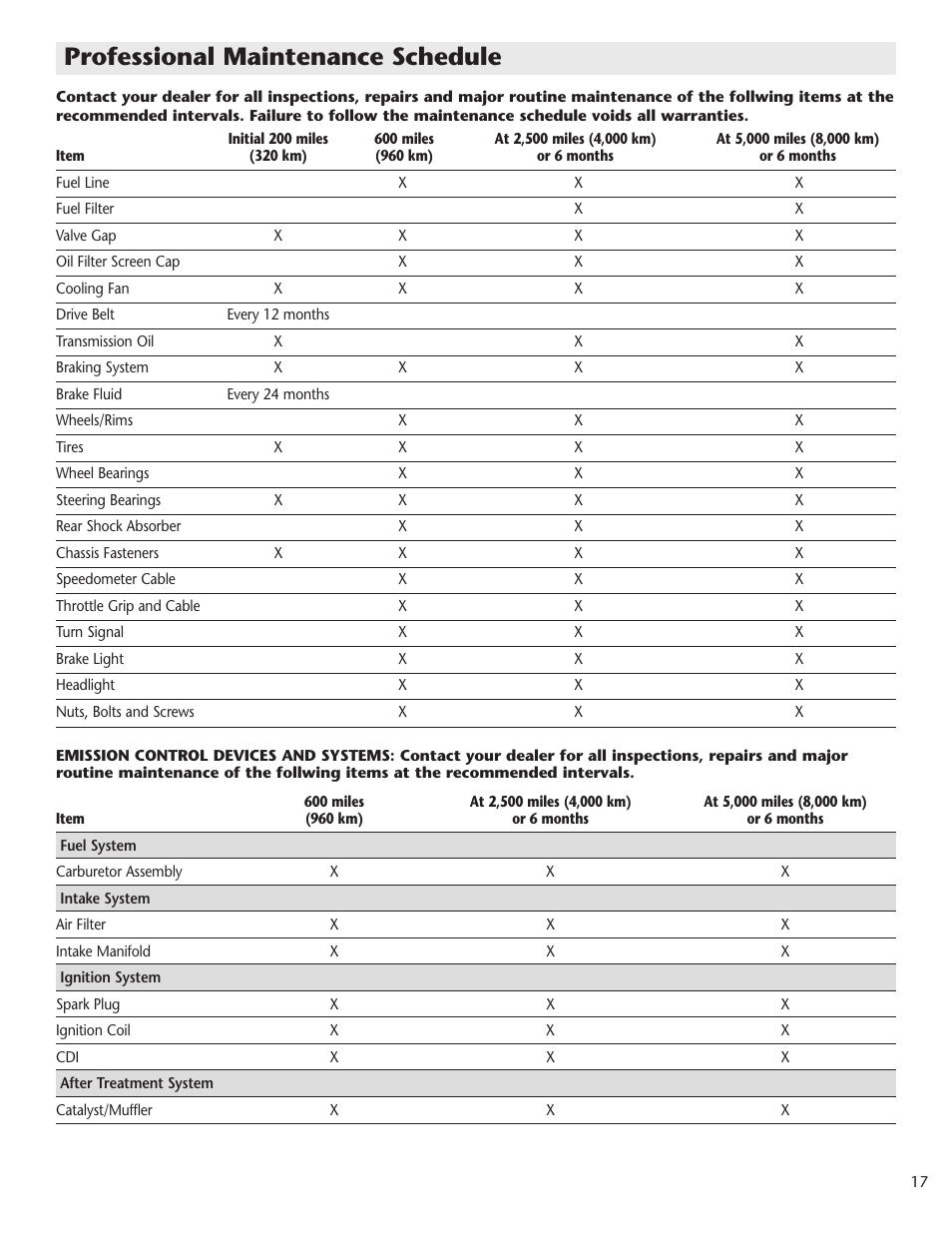 Professional maintenance schedule | Schwinn Motor Scooters 50CG06SV User Manual | Page 19 / 20