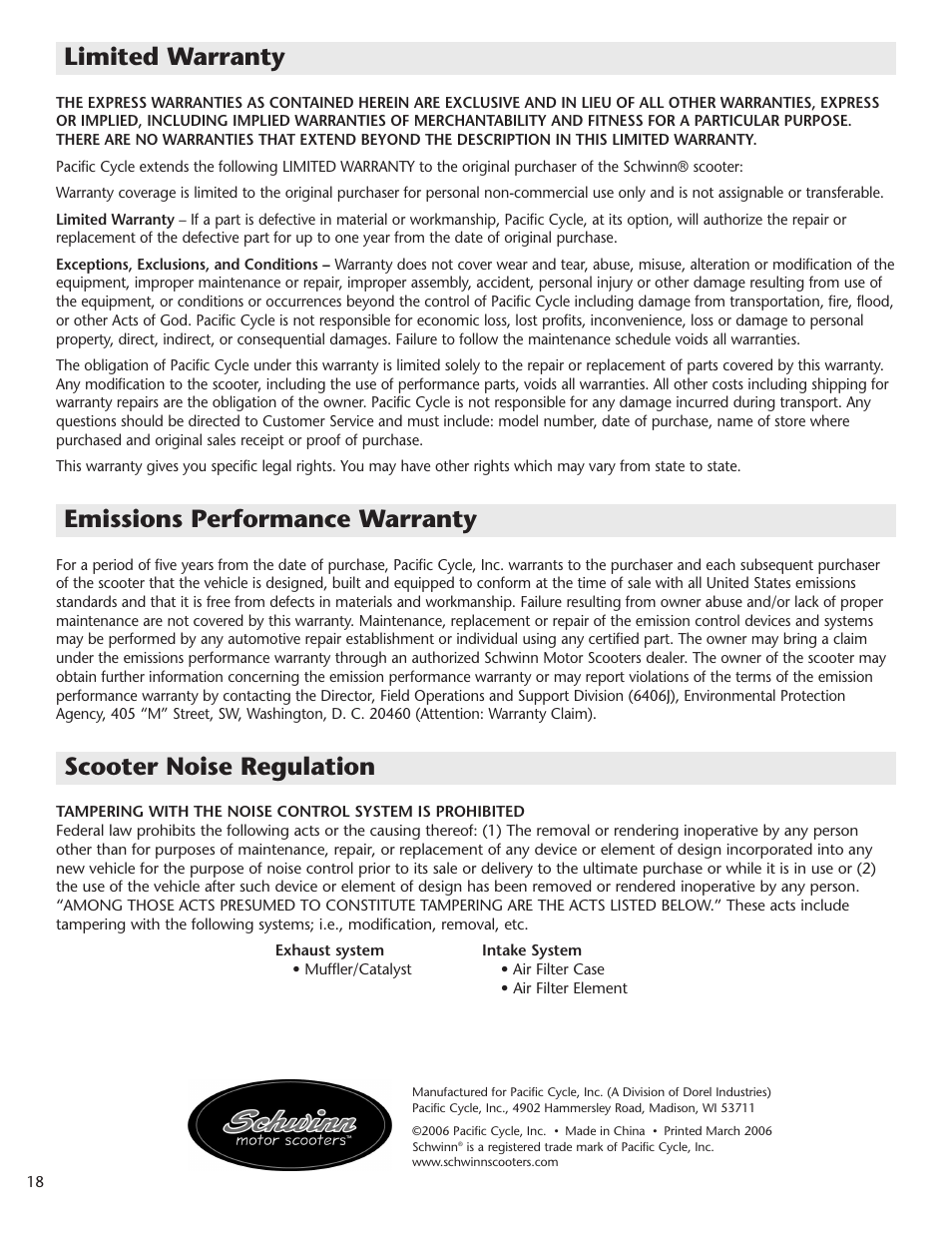 Limited warranty, Scooter noise regulation, Emissions performance warranty | Schwinn Motor Scooters 50CG06SV User Manual | Page 20 / 20