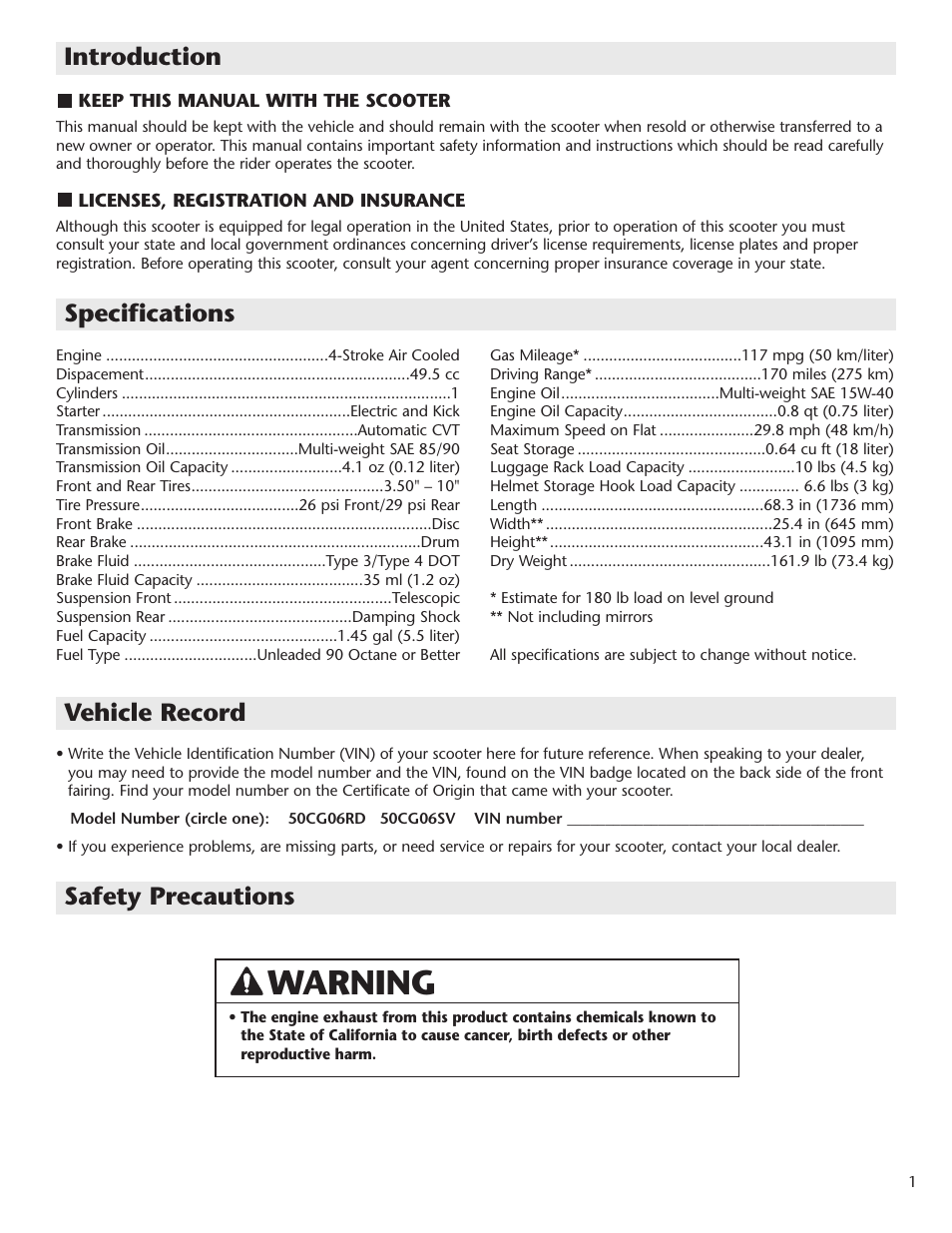 Warning, Introduction specifications vehicle record, Safety precautions | Schwinn Motor Scooters 50CG06SV User Manual | Page 3 / 20