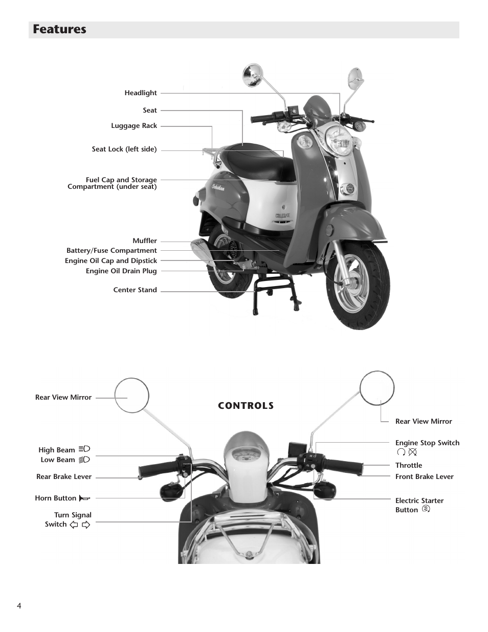 Features, Controls | Schwinn Motor Scooters 50CG06SV User Manual | Page 6 / 20