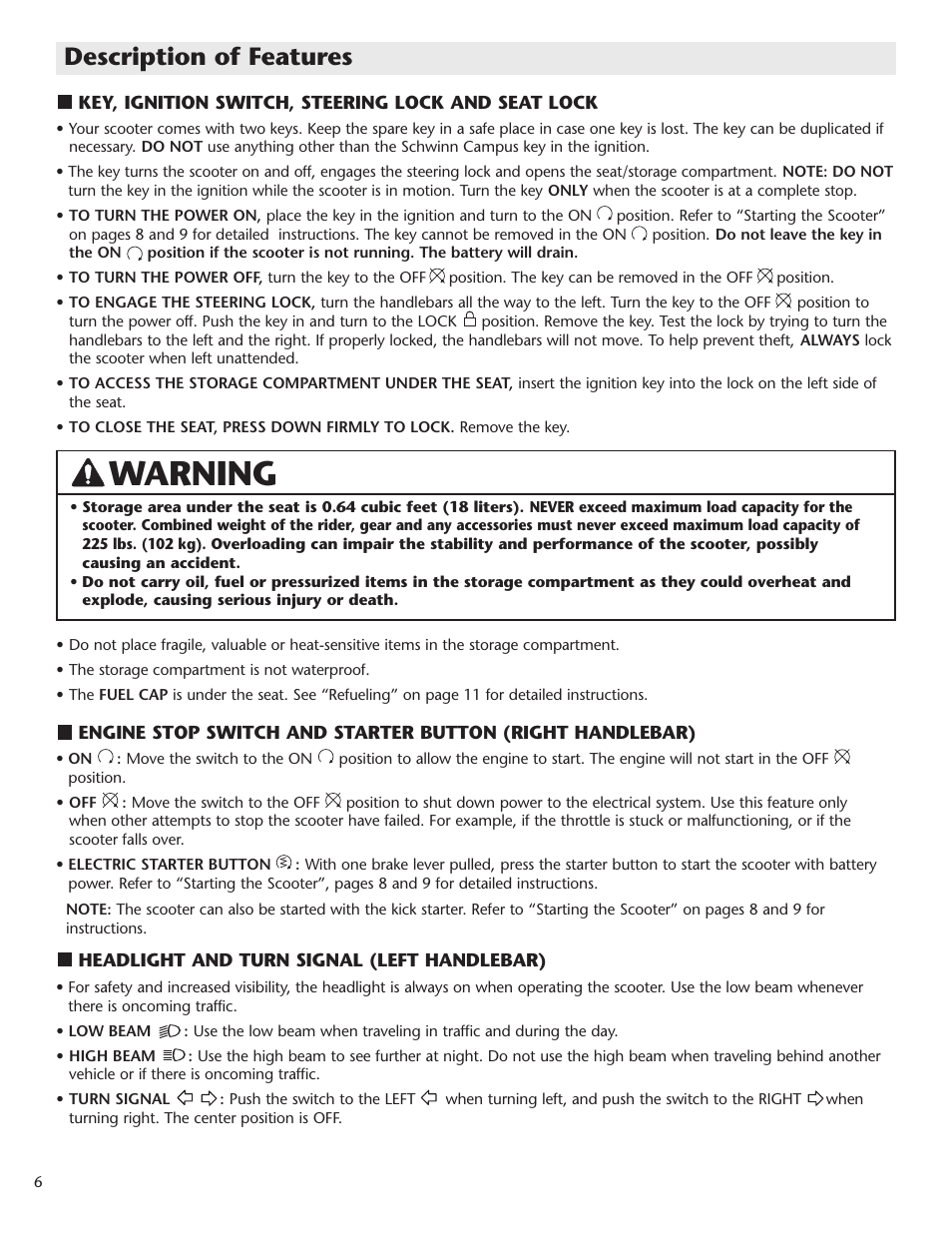 Warning, Description of features | Schwinn Motor Scooters 50CG06SV User Manual | Page 8 / 20