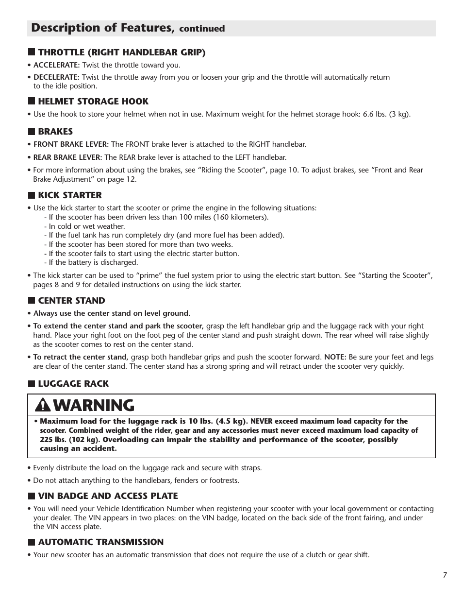 Warning, Description of features | Schwinn Motor Scooters 50CG06SV User Manual | Page 9 / 20