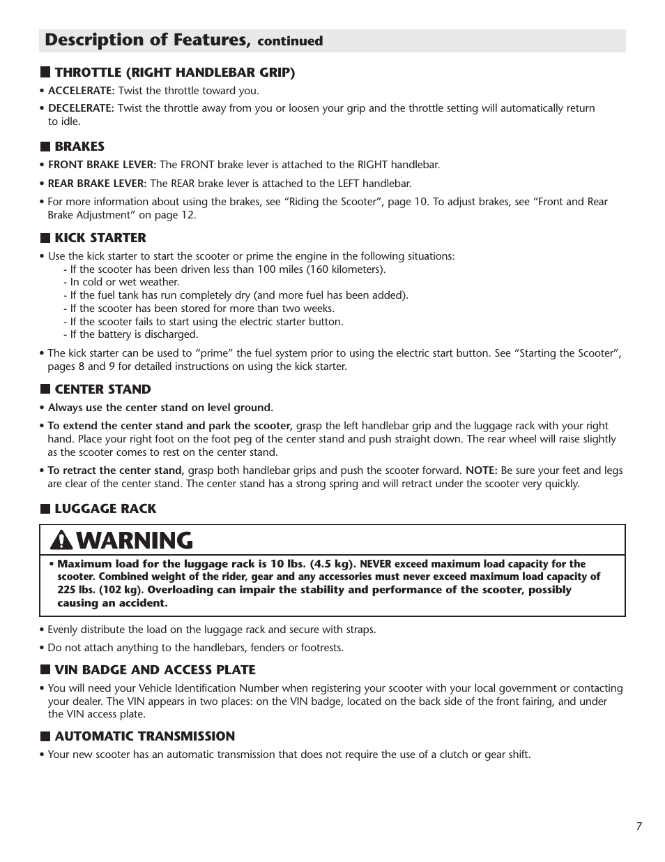 Warning, Description of features | Schwinn Motor Scooters 50GR06SV User Manual | Page 9 / 20
