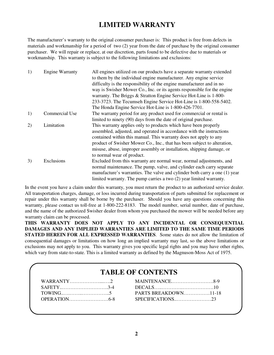 Swisher LS728C User Manual | Page 2 / 20