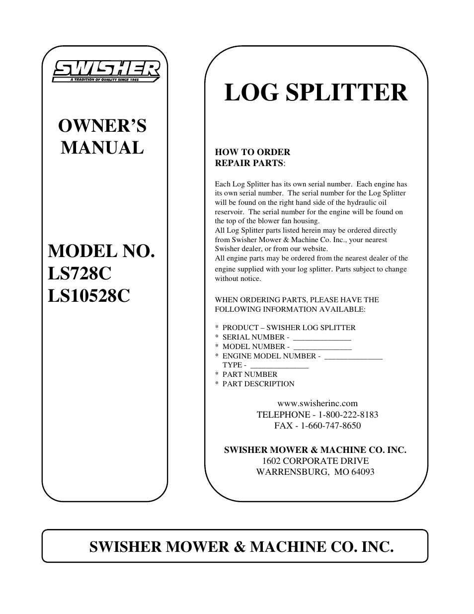 Log splitter, Swisher mower & machine co. inc | Swisher LS728C User Manual | Page 20 / 20