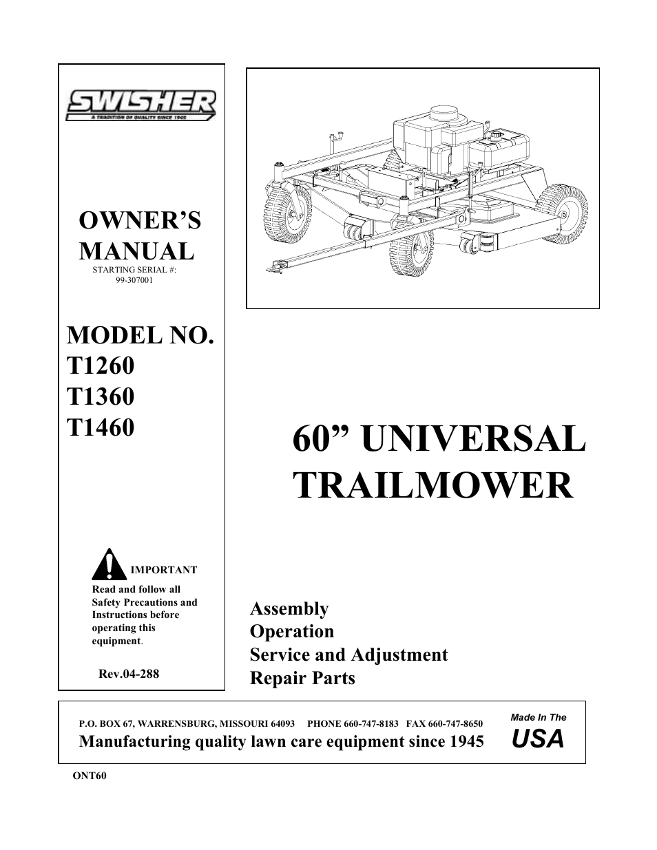 Swisher T1360 User Manual | 20 pages
