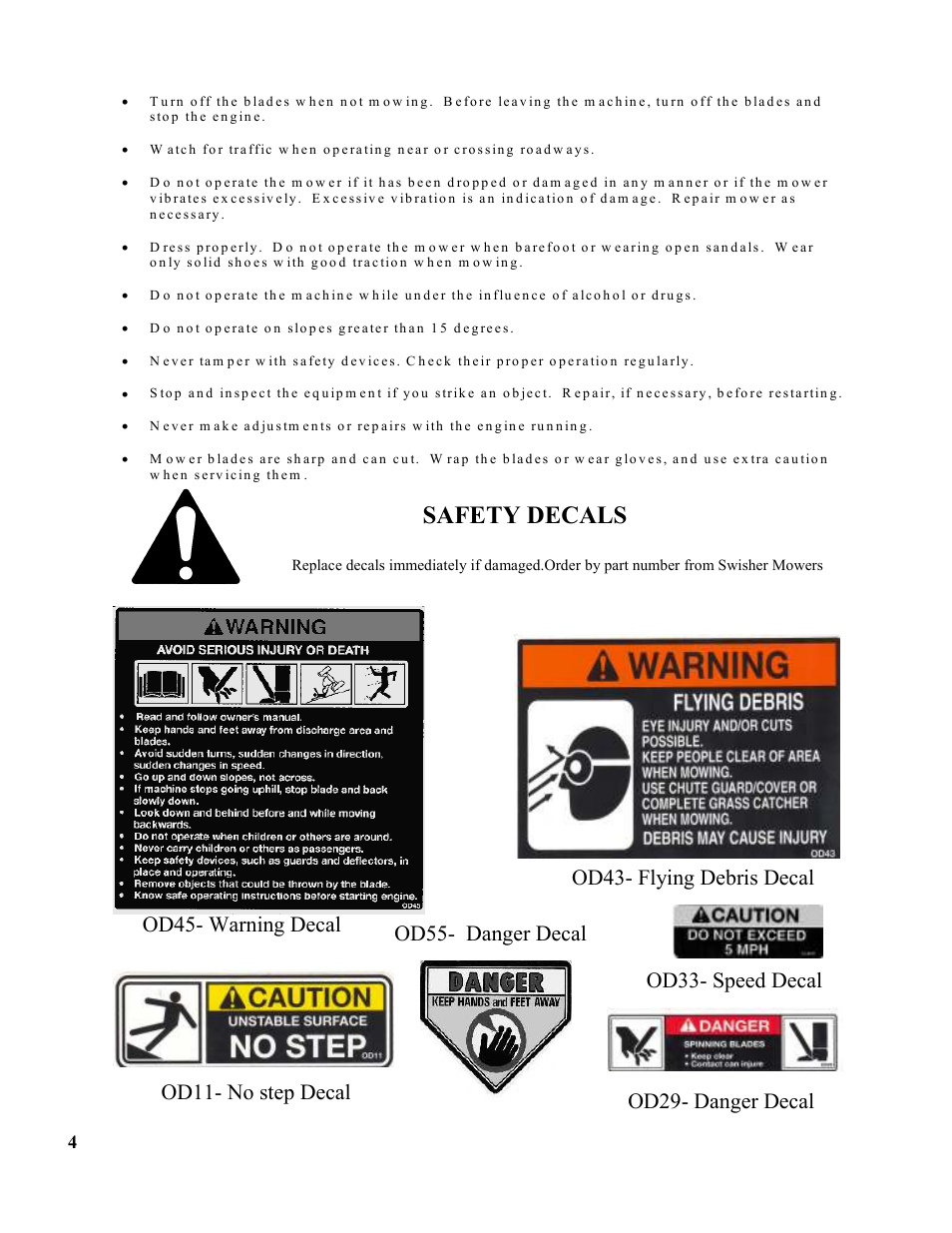 Safety decals | Swisher T1360 User Manual | Page 4 / 20