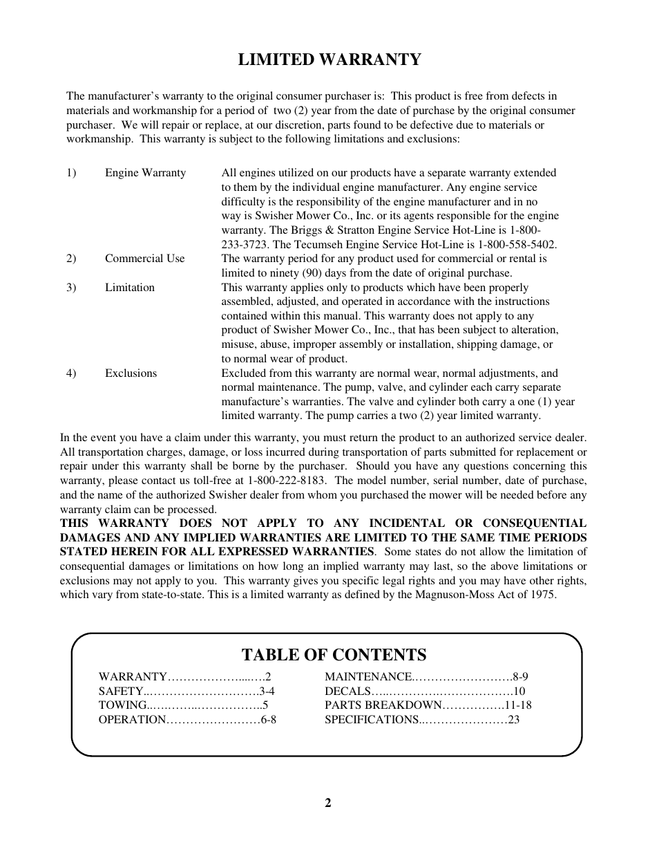 Swisher LS12534D User Manual | Page 2 / 24