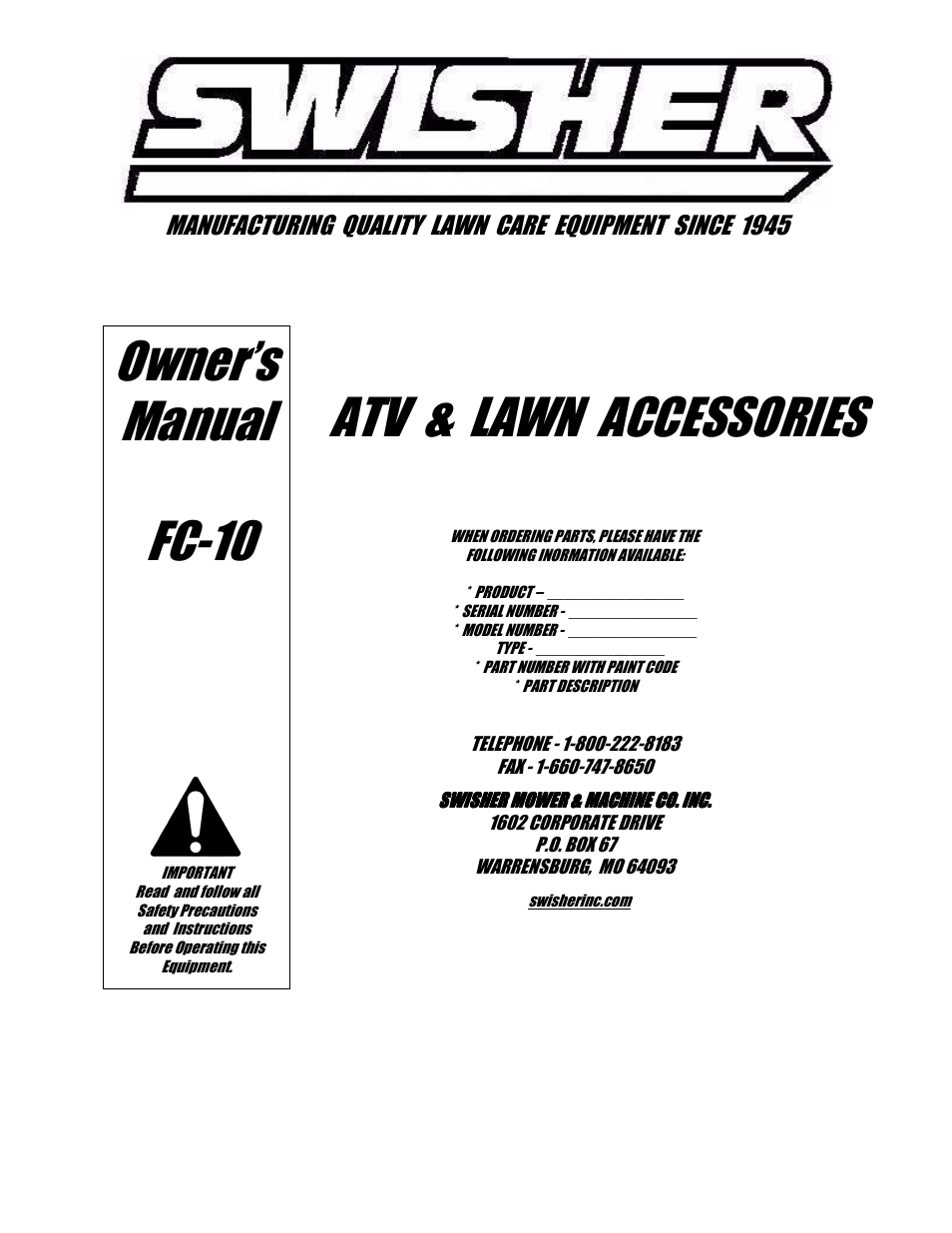 Atv & lawn accessories owner’s manual fc-10 | Swisher FC-10 User Manual | Page 12 / 12