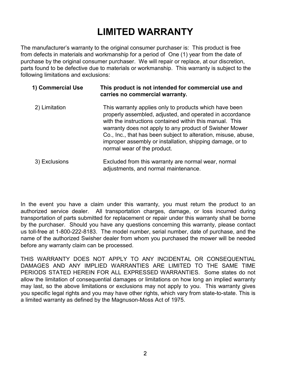 Limited warranty | Swisher FC-10 User Manual | Page 2 / 12