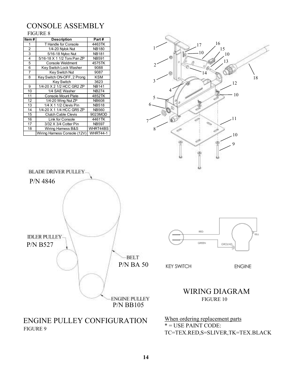 Console assembly, Wiring diagram, Engine pulley configuration | P/n ba 50 | Swisher RTB105441 User Manual | Page 14 / 16
