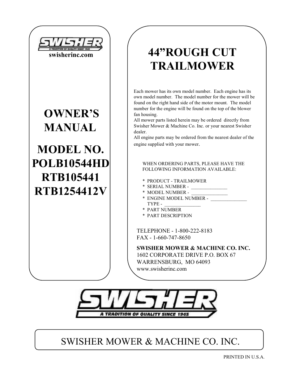 Owner’s manual 44”rough cut trailmower, Swisher mower & machine co. inc | Swisher RTB105441 User Manual | Page 16 / 16