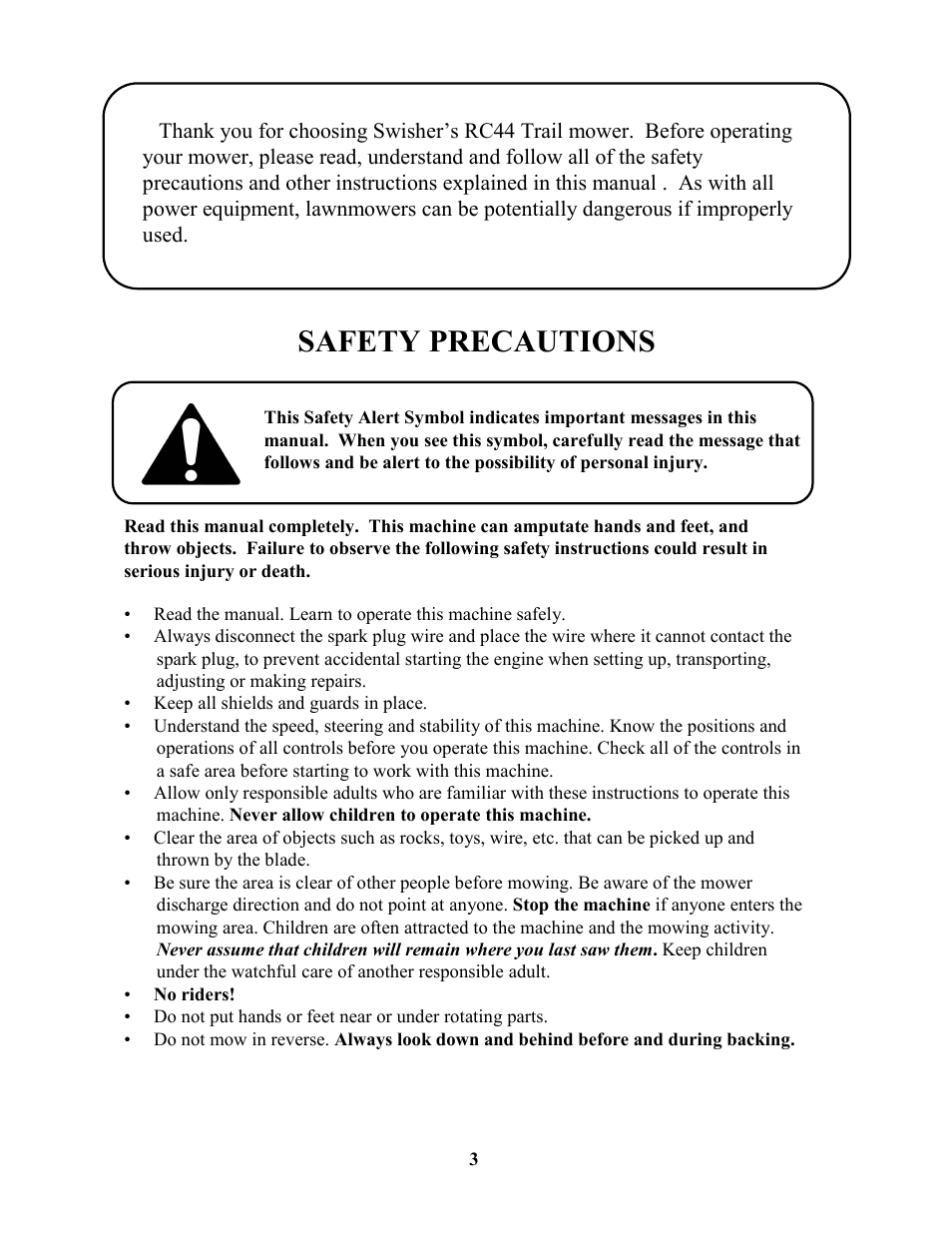 Safety precautions | Swisher RTB105441 User Manual | Page 3 / 16