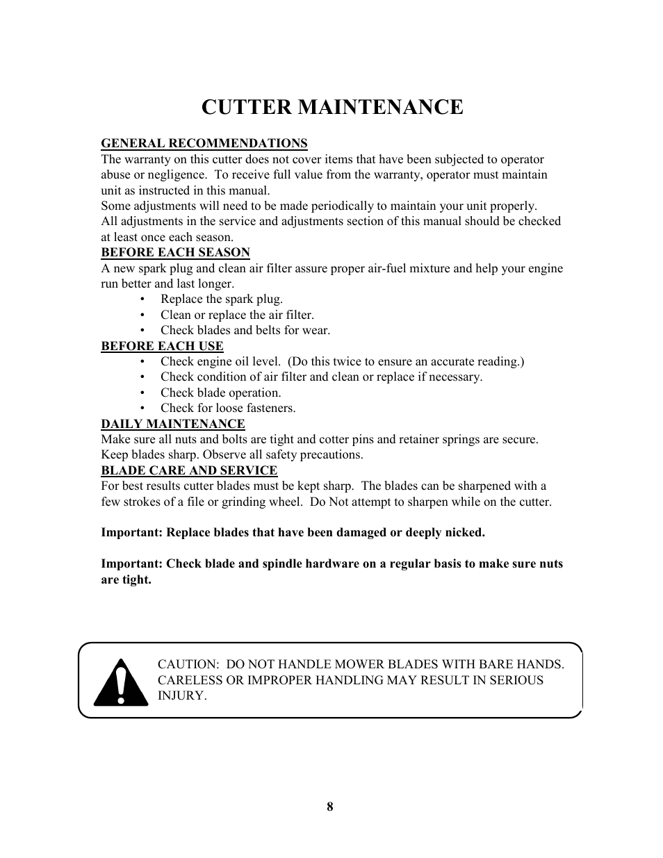 Cutter maintenance | Swisher RTB105441 User Manual | Page 8 / 16