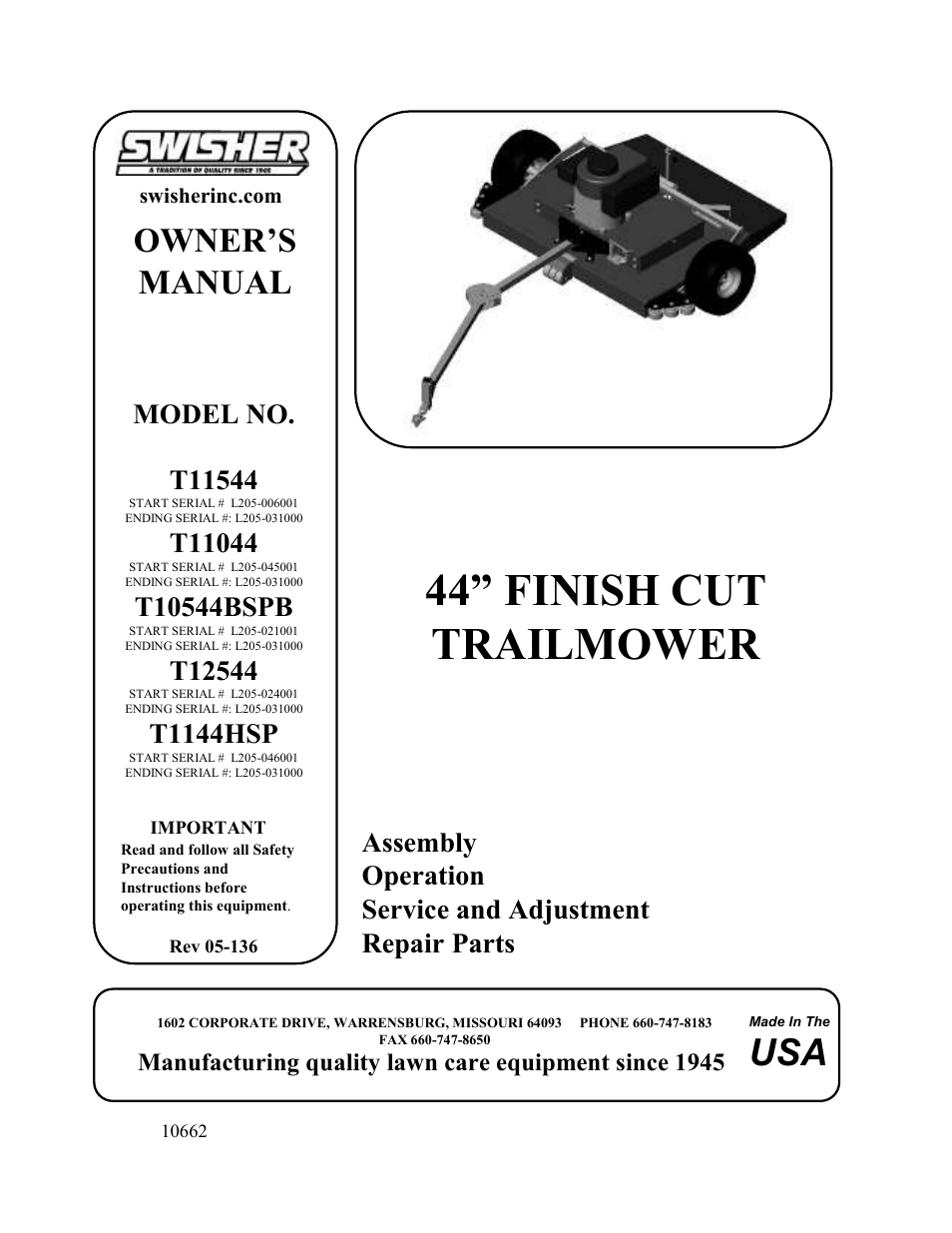 Swisher T11044 User Manual | 20 pages