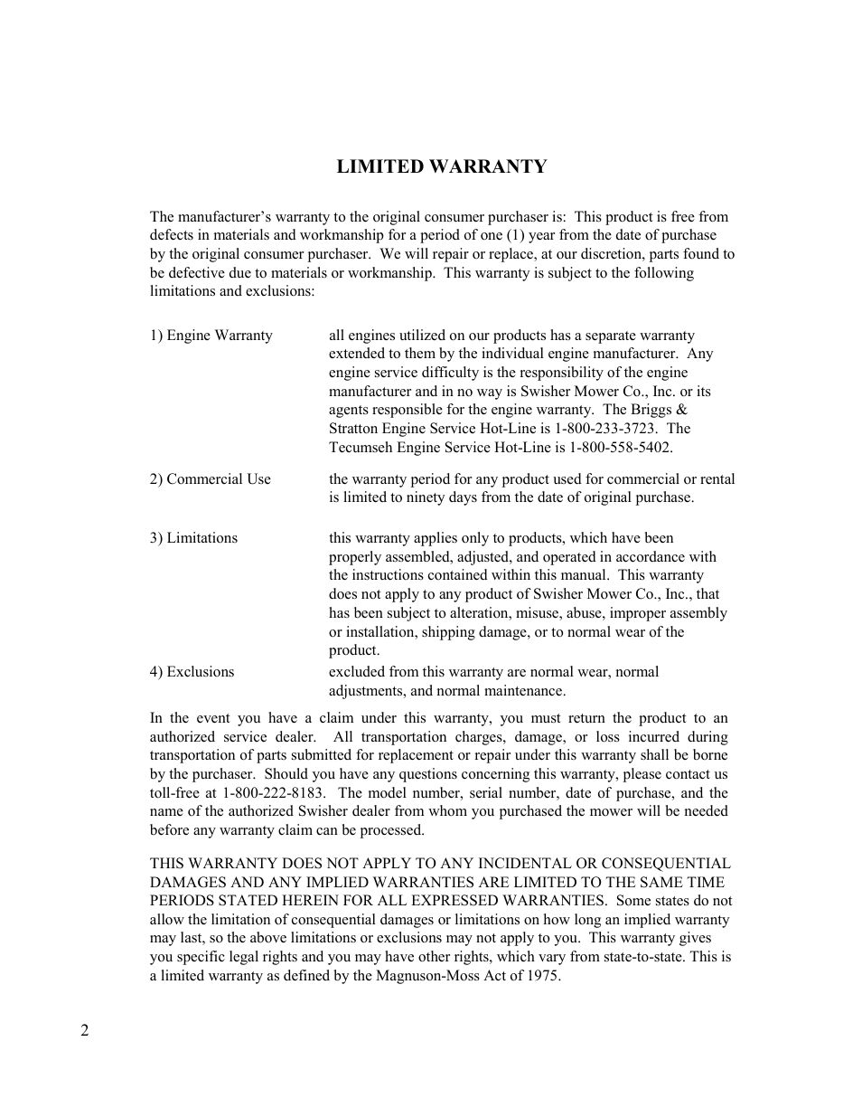 Limited warranty | Swisher T11044 User Manual | Page 2 / 20