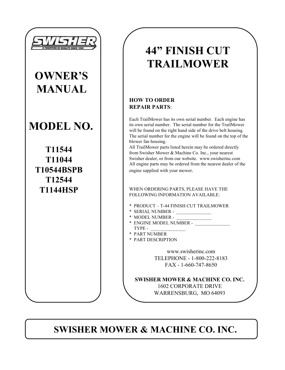 Owner’s manual, 44” finish cut trailmower, Model no | Swisher mower & machine co. inc | Swisher T11044 User Manual | Page 20 / 20