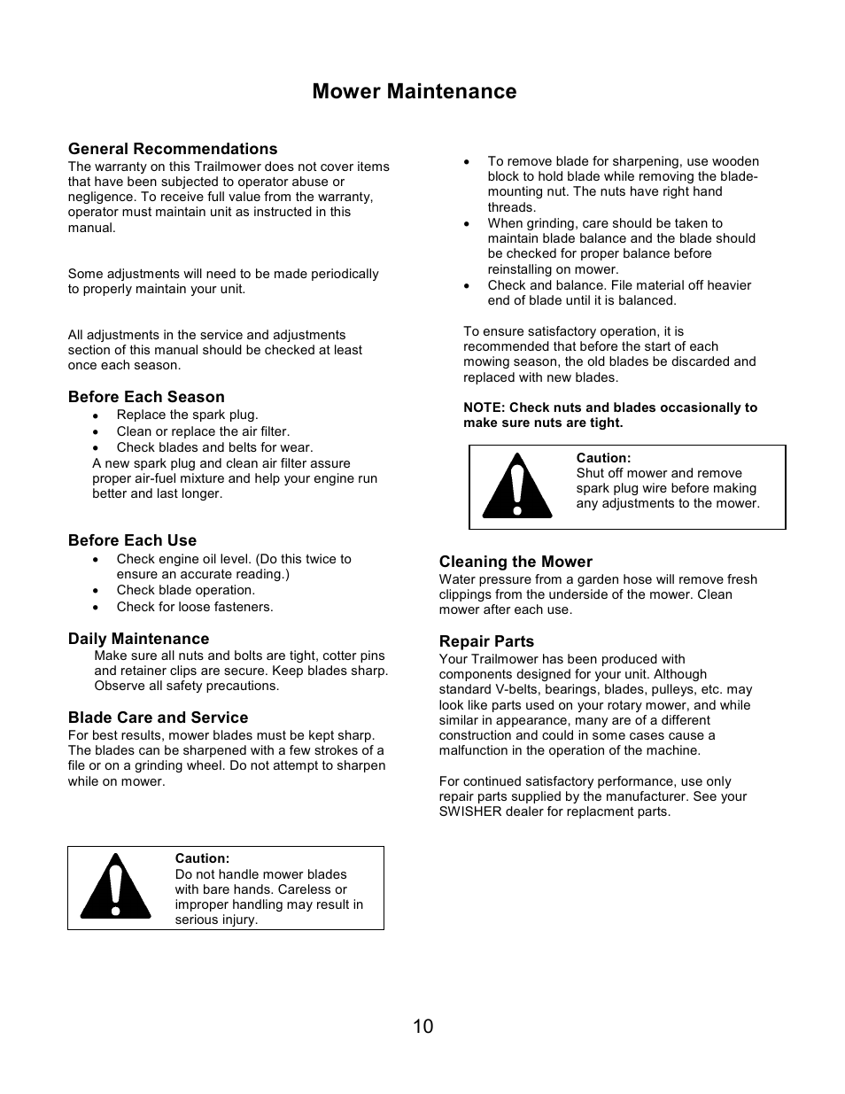 Mower maintenance | Swisher T1360 User Manual | Page 10 / 24