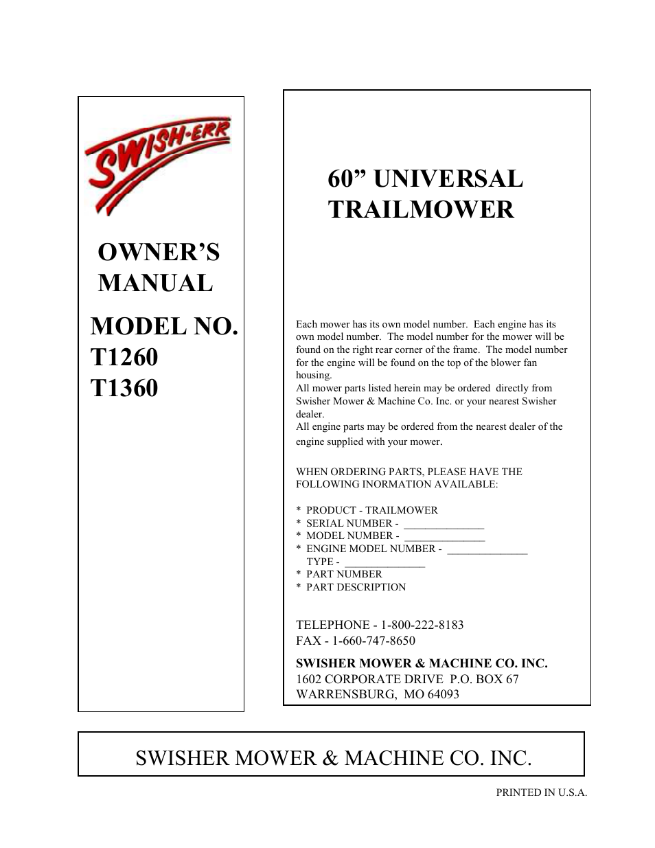 Swisher mower & machine co. inc | Swisher T1360 User Manual | Page 24 / 24