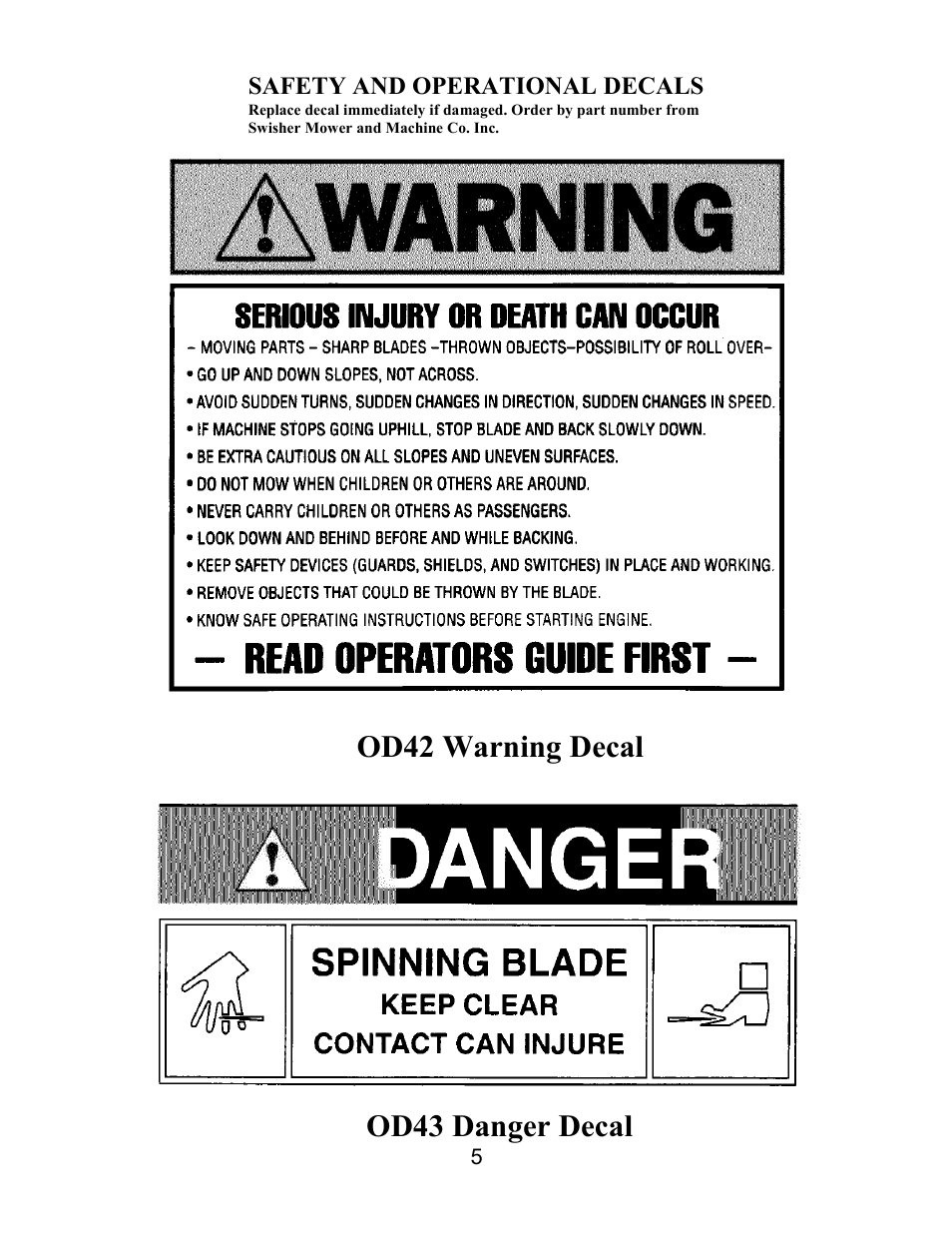 Od42 warning decal od43 danger decal | Swisher T1360 User Manual | Page 5 / 24